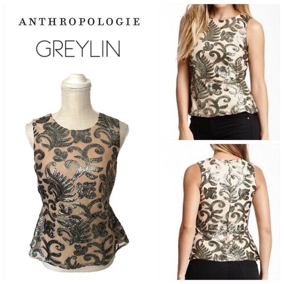 Anthropologie Greylin Embellished Sequin Peplum Top - Picture 1 of 16